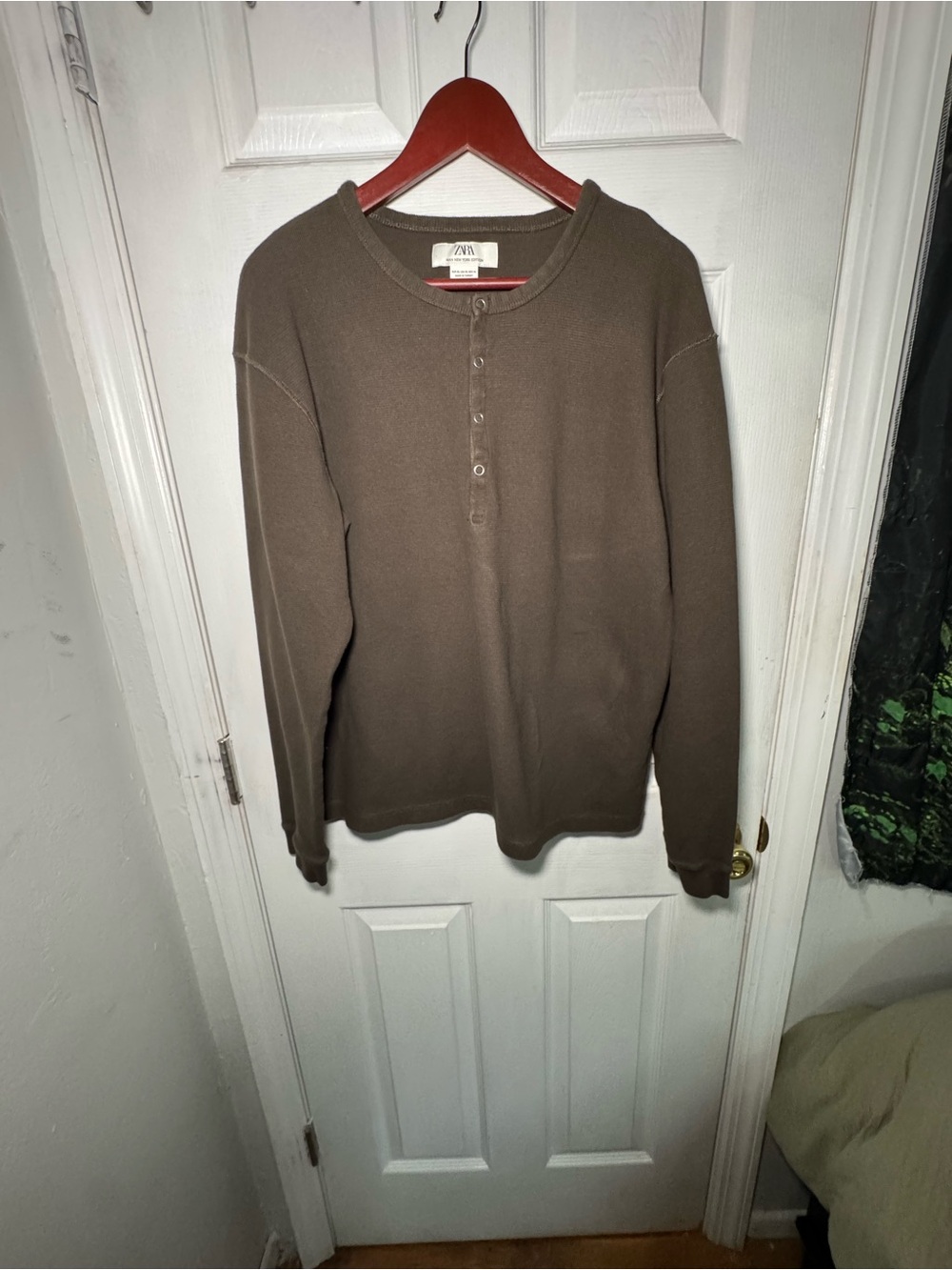 Zara Men Olive-Brown Crewneck Henley Sweater